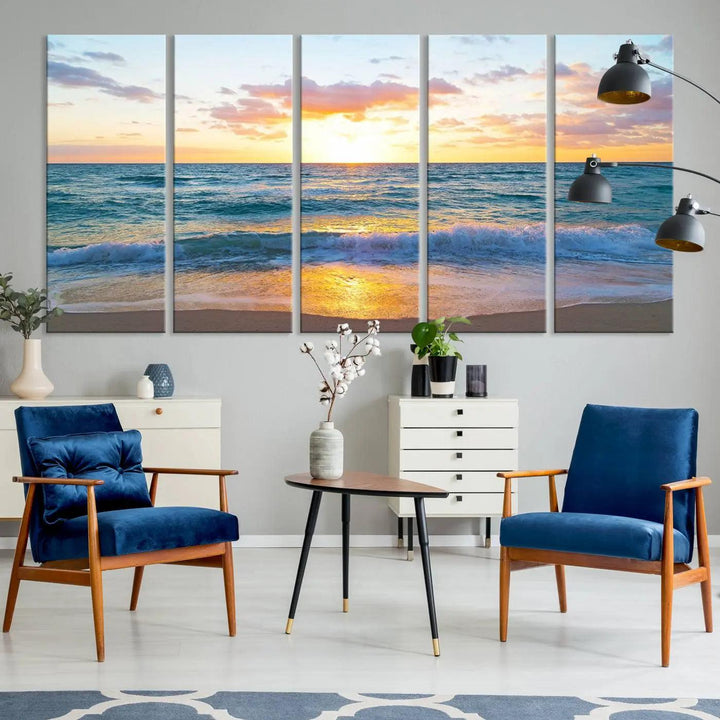 An Ocean Sunset Triptych Canvas Wall Art featuring a Giclee Beach Sunset Print with Gentle Waves is displayed on a wooden wall, creating a tranquil coastal vibe.