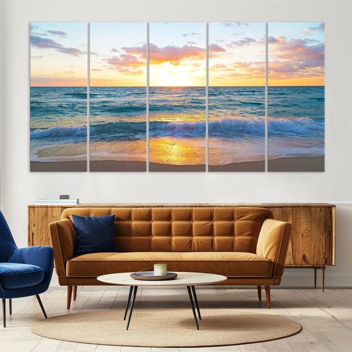 An Ocean Sunset Triptych Canvas Wall Art featuring a Giclee Beach Sunset Print with Gentle Waves is displayed on a wooden wall, creating a tranquil coastal vibe.