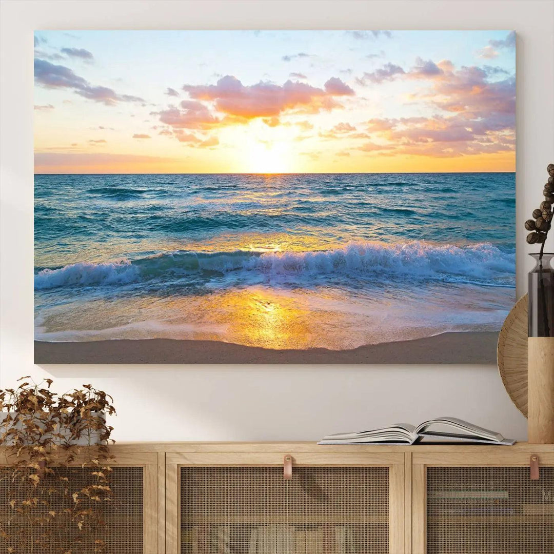 Ocean Sunset Triptych Canvas Wall Art, Giclee Beach Sunset Print with Gentle Waves, Coastal Art for Relaxation Spaces