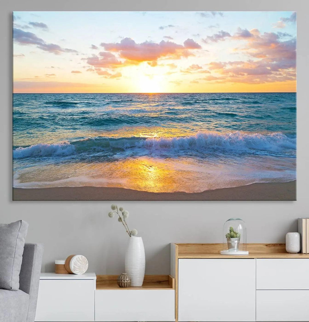 Ocean Sunset Triptych Canvas Wall Art, Giclee Beach Sunset Print with Gentle Waves, Coastal Art for Relaxation Spaces