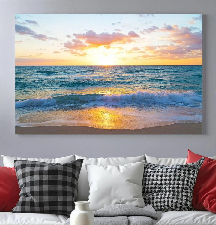 Ocean Sunset Triptych Canvas Wall Art, Giclee Beach Sunset Print with Gentle Waves, Coastal Art for Relaxation Spaces