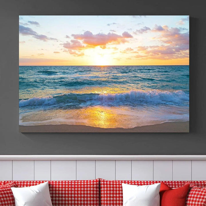 Ocean Sunset Triptych Canvas Wall Art, Giclee Beach Sunset Print with Gentle Waves, Coastal Art for Relaxation Spaces