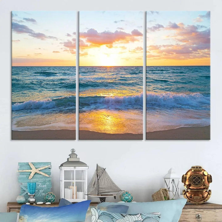 Ocean Sunset Triptych Canvas Wall Art, Giclee Beach Sunset Print with Gentle Waves, Coastal Art for Relaxation Spaces