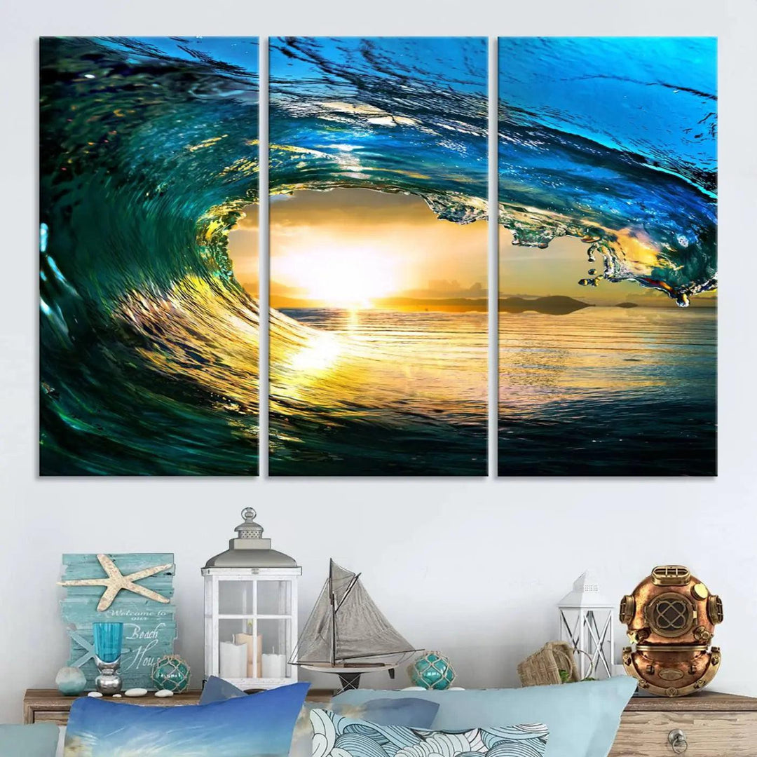 A modern dining room with a coastal vibe showcases a striking large wall print, the "Ocean Wave at Sunset Canvas Art," depicting vibrant water waves. The room features abstract wave artwork on the walls. This eye-catching piece of coastal art infuses the space with seaside serenity.