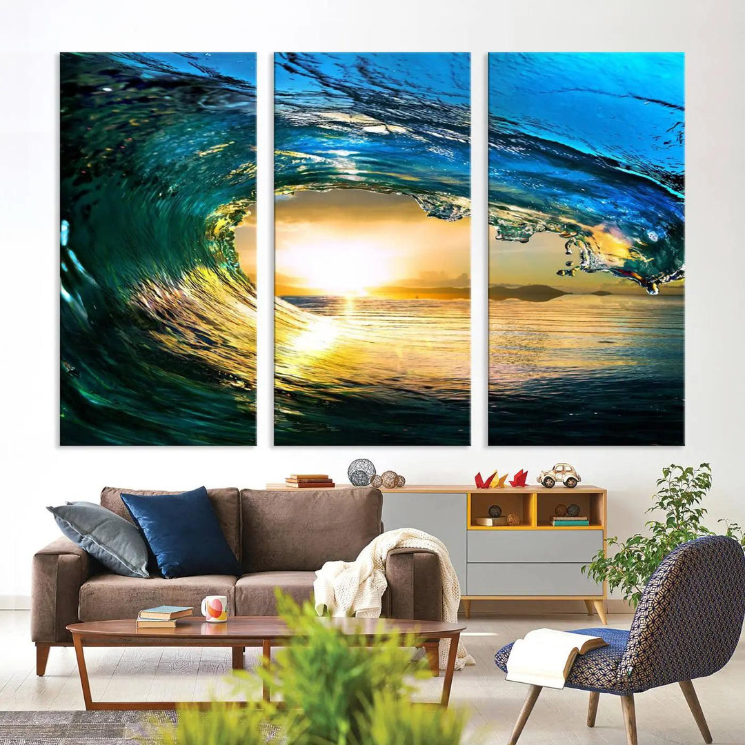 A modern dining room with a coastal vibe showcases a striking large wall print, the "Ocean Wave at Sunset Canvas Art," depicting vibrant water waves. The room features abstract wave artwork on the walls. This eye-catching piece of coastal art infuses the space with seaside serenity.