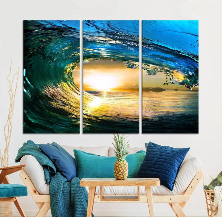 A modern dining room with a coastal vibe showcases a striking large wall print, the "Ocean Wave at Sunset Canvas Art," depicting vibrant water waves. The room features abstract wave artwork on the walls. This eye-catching piece of coastal art infuses the space with seaside serenity.