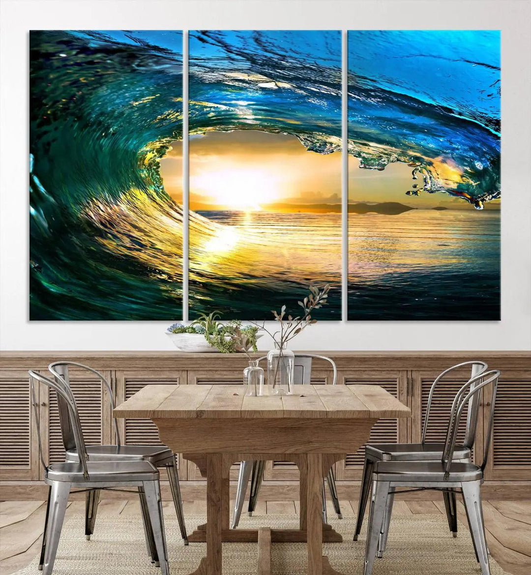 A modern dining room with a coastal vibe showcases a striking large wall print, the "Ocean Wave at Sunset Canvas Art," depicting vibrant water waves. The room features abstract wave artwork on the walls. This eye-catching piece of coastal art infuses the space with seaside serenity.