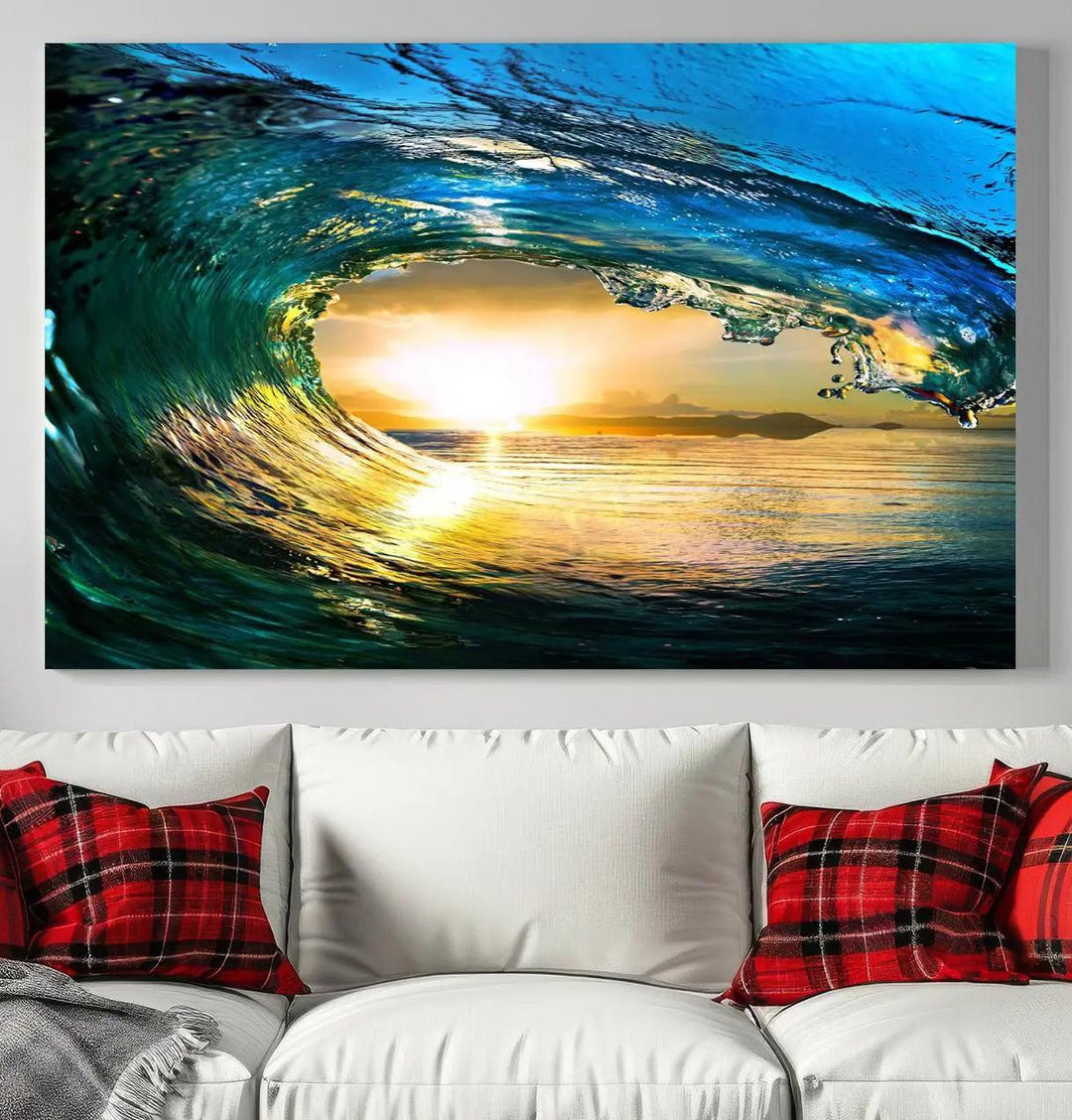 A modern dining room with a coastal vibe showcases a striking large wall print, the "Ocean Wave at Sunset Canvas Art," depicting vibrant water waves. The room features abstract wave artwork on the walls. This eye-catching piece of coastal art infuses the space with seaside serenity.