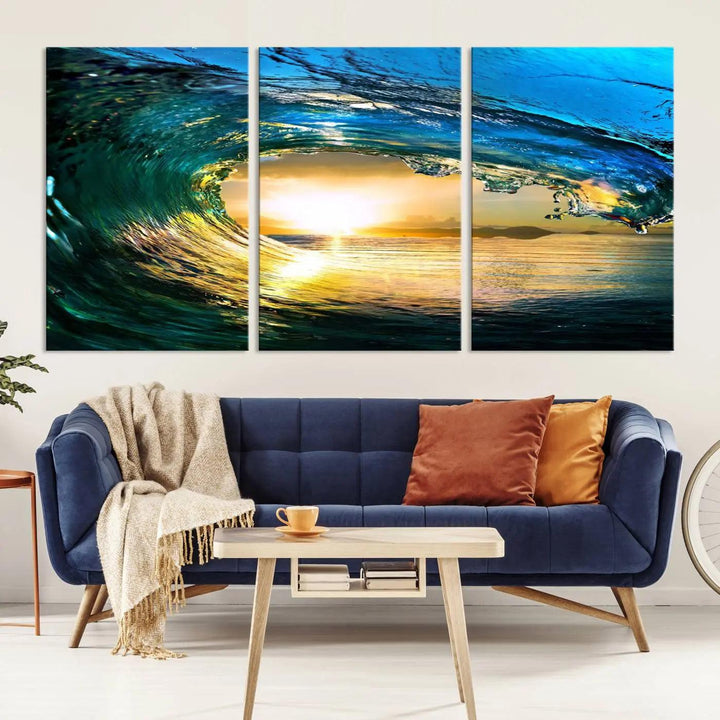 A modern dining room with a coastal vibe showcases a striking large wall print, the "Ocean Wave at Sunset Canvas Art," depicting vibrant water waves. The room features abstract wave artwork on the walls. This eye-catching piece of coastal art infuses the space with seaside serenity.