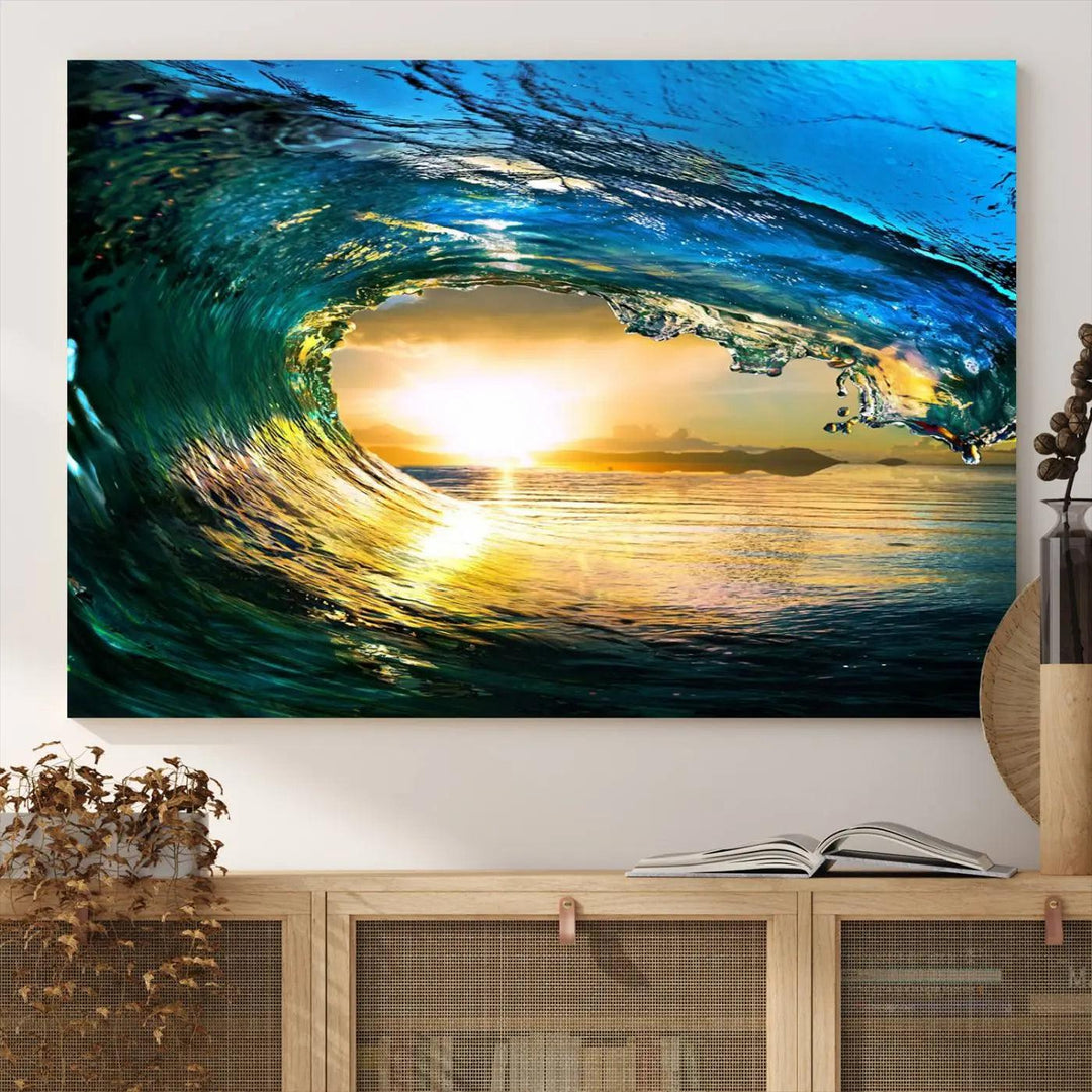 A modern dining room with a coastal vibe showcases a striking large wall print, the "Ocean Wave at Sunset Canvas Art," depicting vibrant water waves. The room features abstract wave artwork on the walls. This eye-catching piece of coastal art infuses the space with seaside serenity.