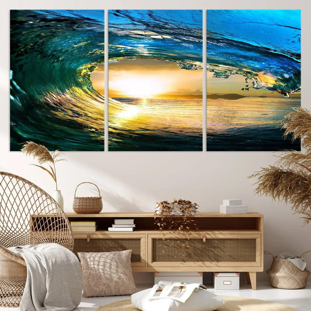 A modern dining room with a coastal vibe showcases a striking large wall print, the "Ocean Wave at Sunset Canvas Art," depicting vibrant water waves. The room features abstract wave artwork on the walls. This eye-catching piece of coastal art infuses the space with seaside serenity.