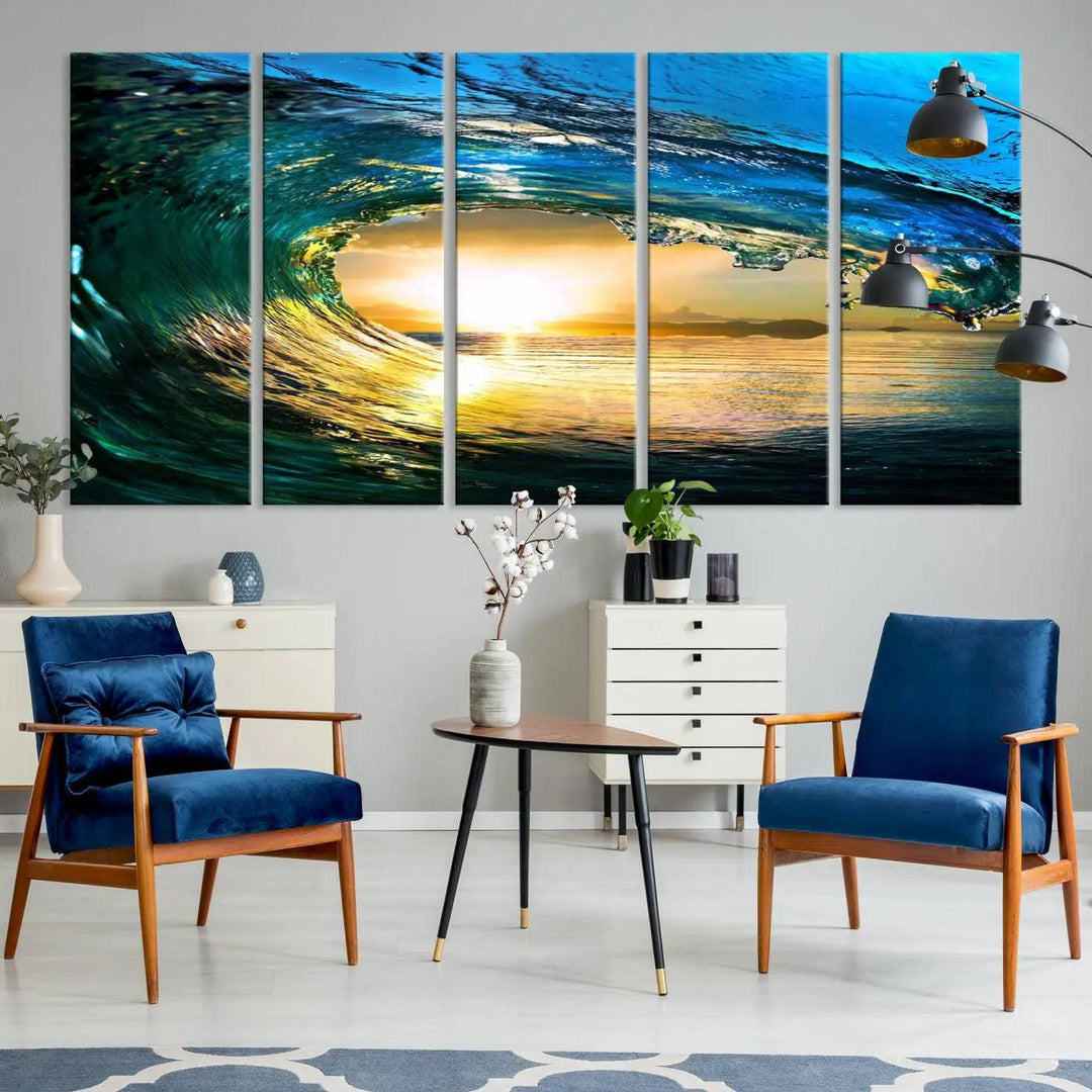 A modern dining room with a coastal vibe showcases a striking large wall print, the "Ocean Wave at Sunset Canvas Art," depicting vibrant water waves. The room features abstract wave artwork on the walls. This eye-catching piece of coastal art infuses the space with seaside serenity.