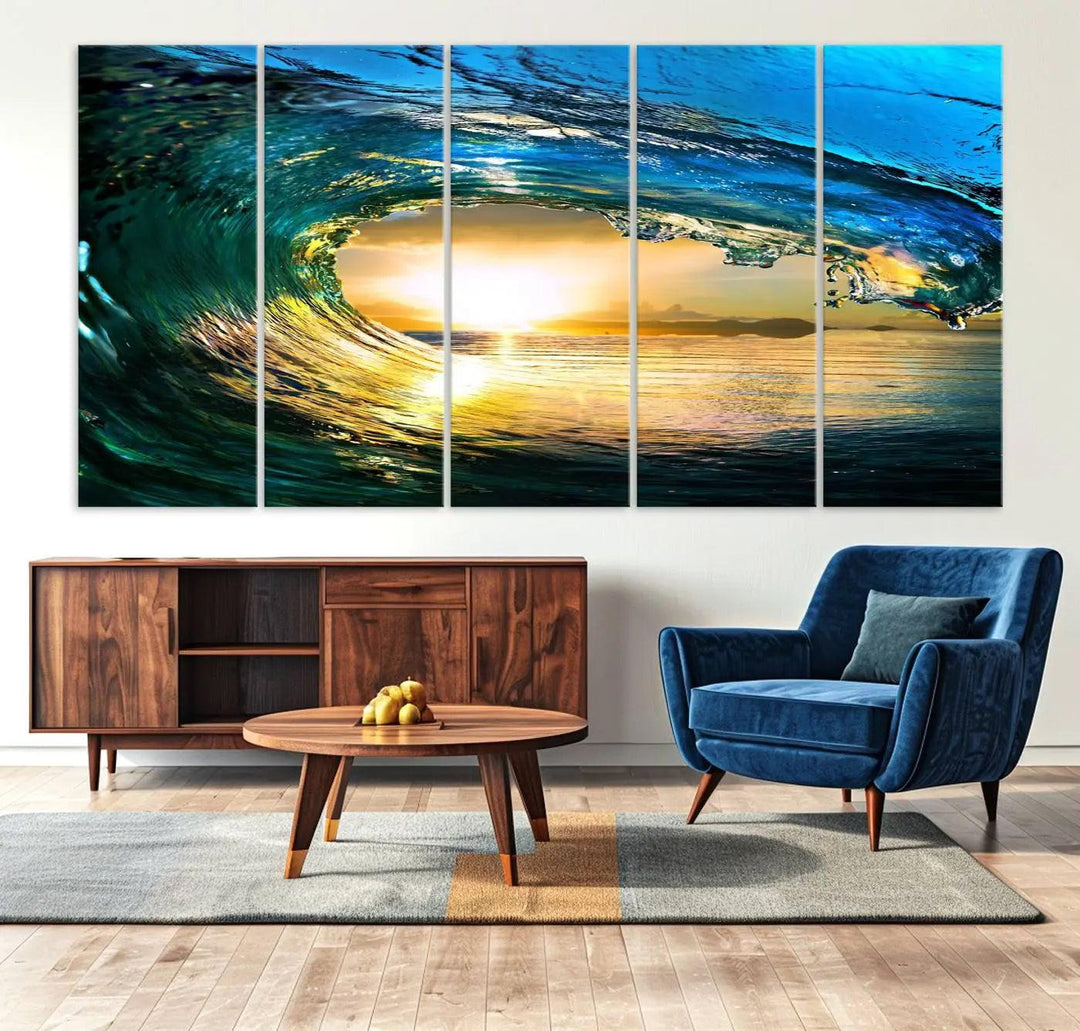 A modern dining room with a coastal vibe showcases a striking large wall print, the "Ocean Wave at Sunset Canvas Art," depicting vibrant water waves. The room features abstract wave artwork on the walls. This eye-catching piece of coastal art infuses the space with seaside serenity.