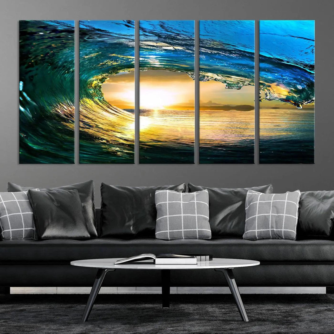 A modern dining room with a coastal vibe showcases a striking large wall print, the "Ocean Wave at Sunset Canvas Art," depicting vibrant water waves. The room features abstract wave artwork on the walls. This eye-catching piece of coastal art infuses the space with seaside serenity.