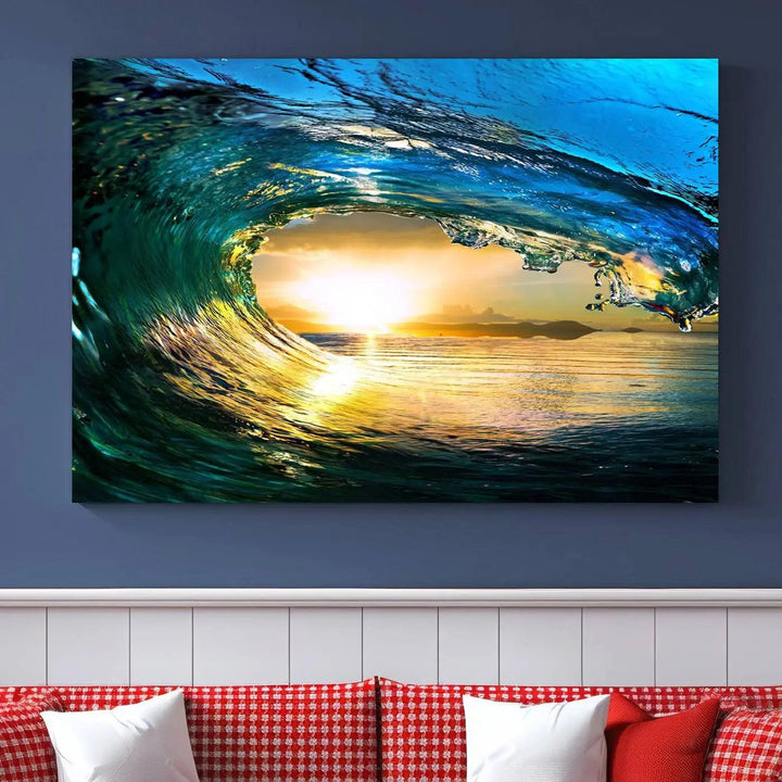 A modern dining room with a coastal vibe showcases a striking large wall print, the "Ocean Wave at Sunset Canvas Art," depicting vibrant water waves. The room features abstract wave artwork on the walls. This eye-catching piece of coastal art infuses the space with seaside serenity.