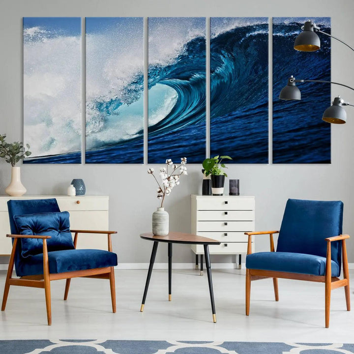 A large wall print of "Ocean Wave at Sunset Canvas Art" is displayed, creating a coastal vibe.