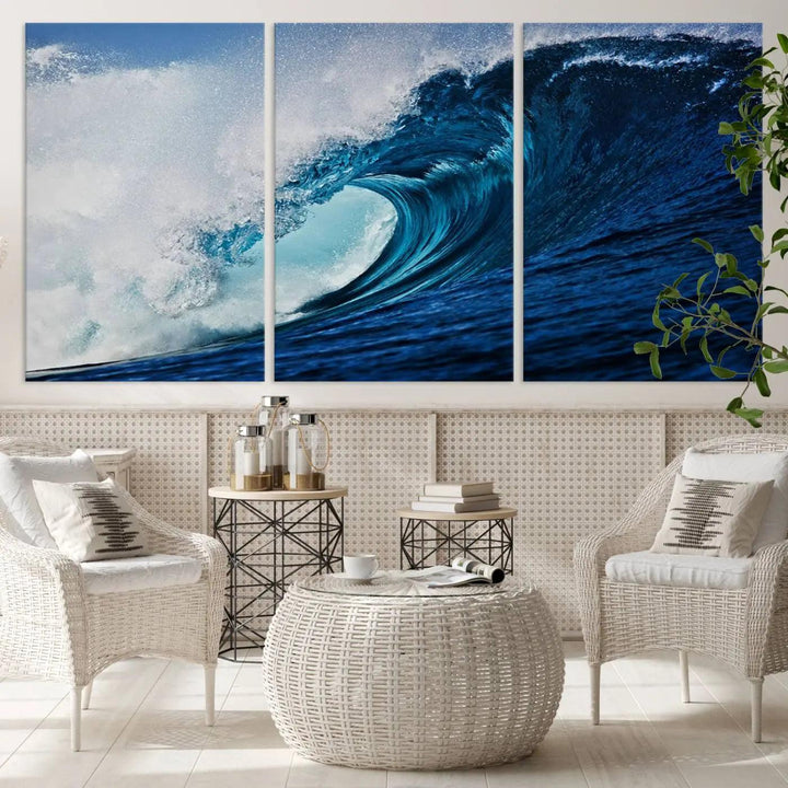 A large wall print of "Ocean Wave at Sunset Canvas Art" is displayed, creating a coastal vibe.