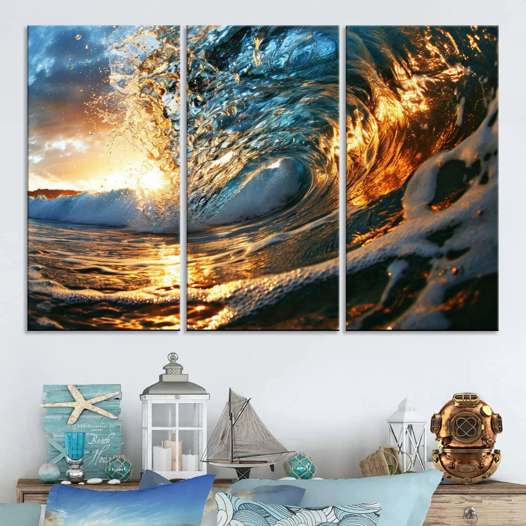 The living room is enhanced by the Ocean Wave at Sunset Canvas Wall Art, a captivating piece featuring vibrant coastal beach waves that elegantly capture sunlight reflecting on the water, making it perfect for surf lovers.