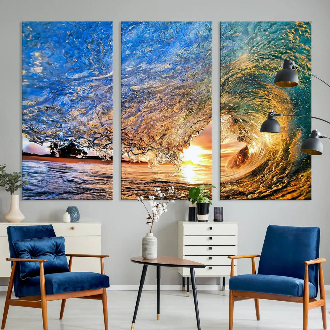 The Ocean Wave at Sunset Canvas Wall Art is a vibrant piece featuring coastal beach waves and a stunning sunset.