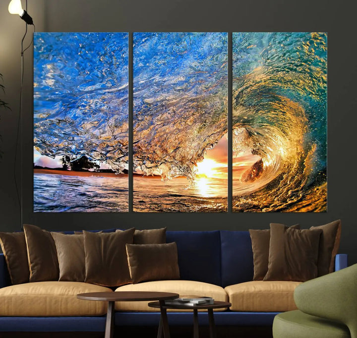 The Ocean Wave at Sunset Canvas Wall Art is a vibrant piece featuring coastal beach waves and a stunning sunset.