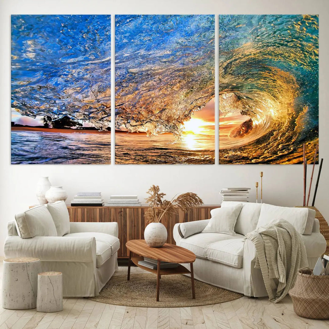 The Ocean Wave at Sunset Canvas Wall Art is a vibrant piece featuring coastal beach waves and a stunning sunset.