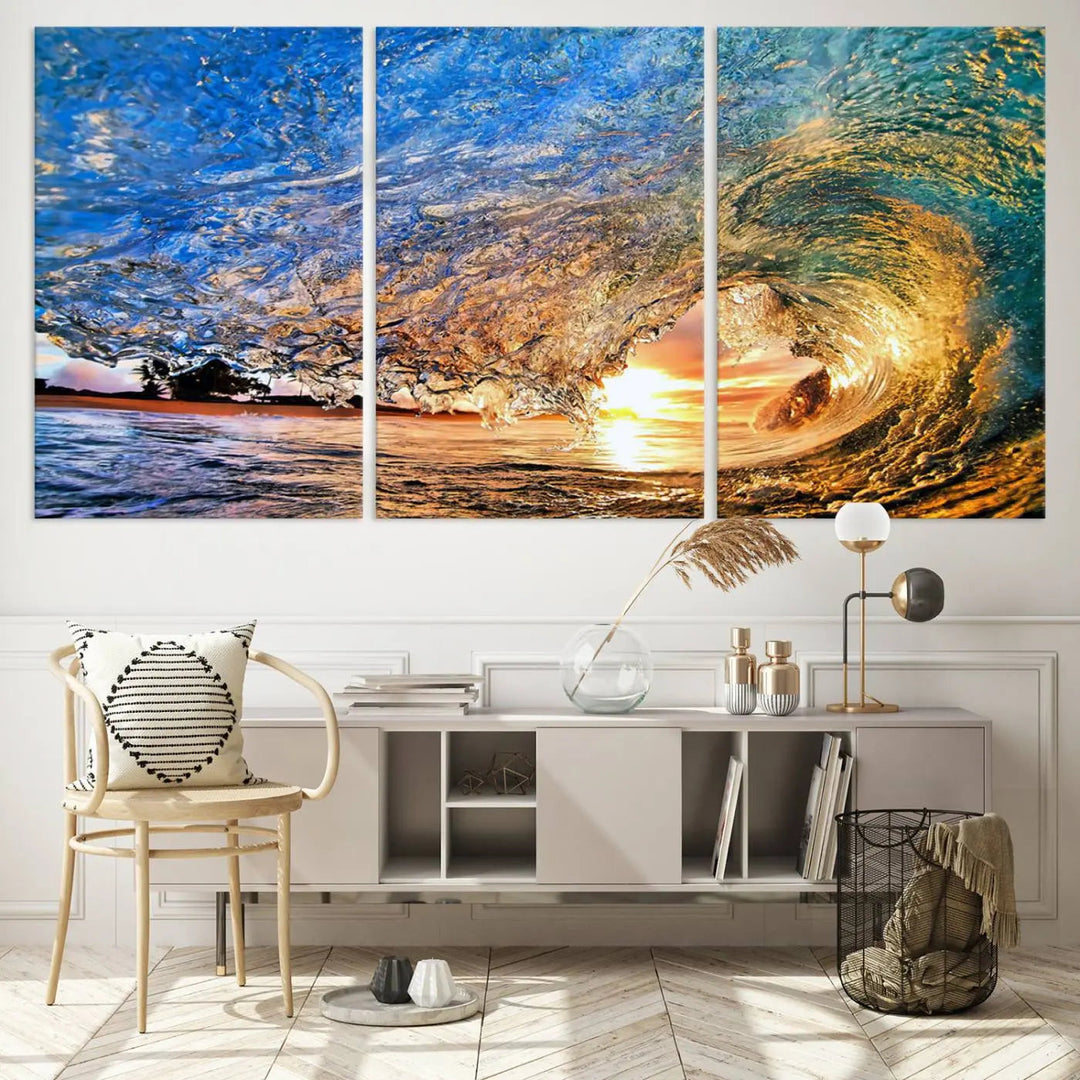 The Ocean Wave at Sunset Canvas Wall Art is a vibrant piece featuring coastal beach waves and a stunning sunset.