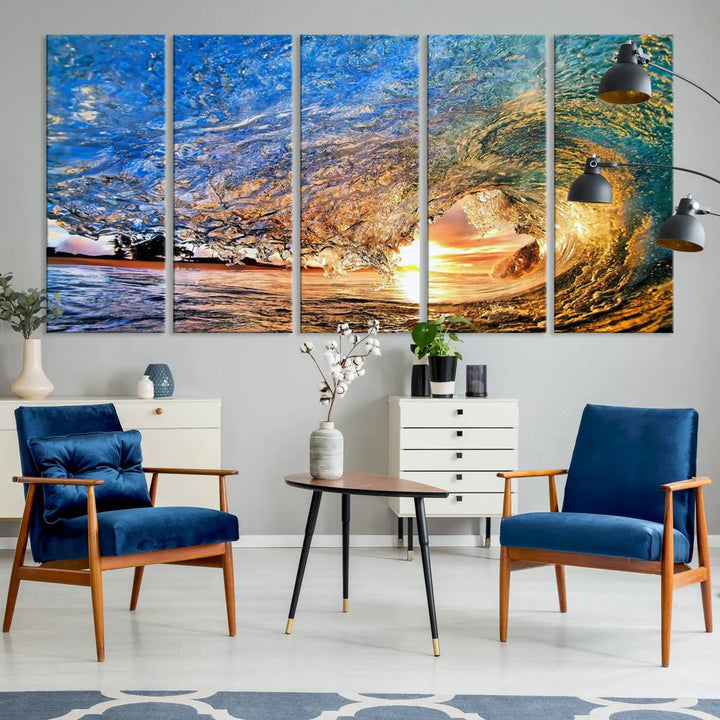 The Ocean Wave at Sunset Canvas Wall Art is a vibrant piece featuring coastal beach waves and a stunning sunset.