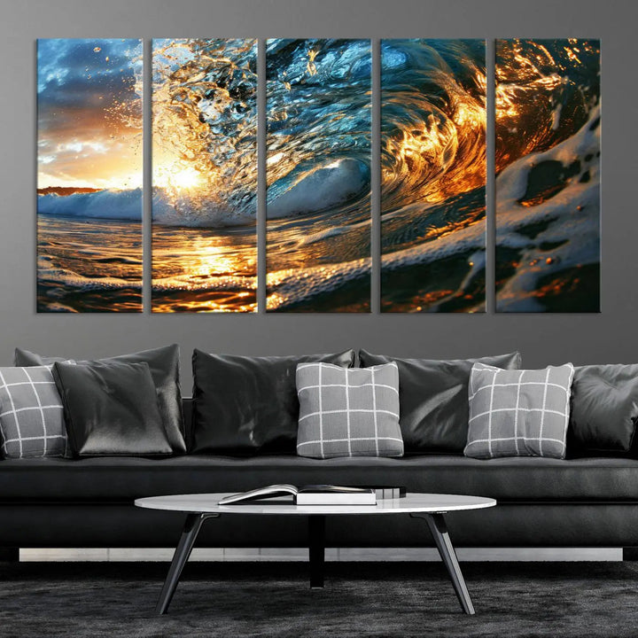 The living room is enhanced by the Ocean Wave at Sunset Canvas Wall Art, a captivating piece featuring vibrant coastal beach waves that elegantly capture sunlight reflecting on the water, making it perfect for surf lovers.