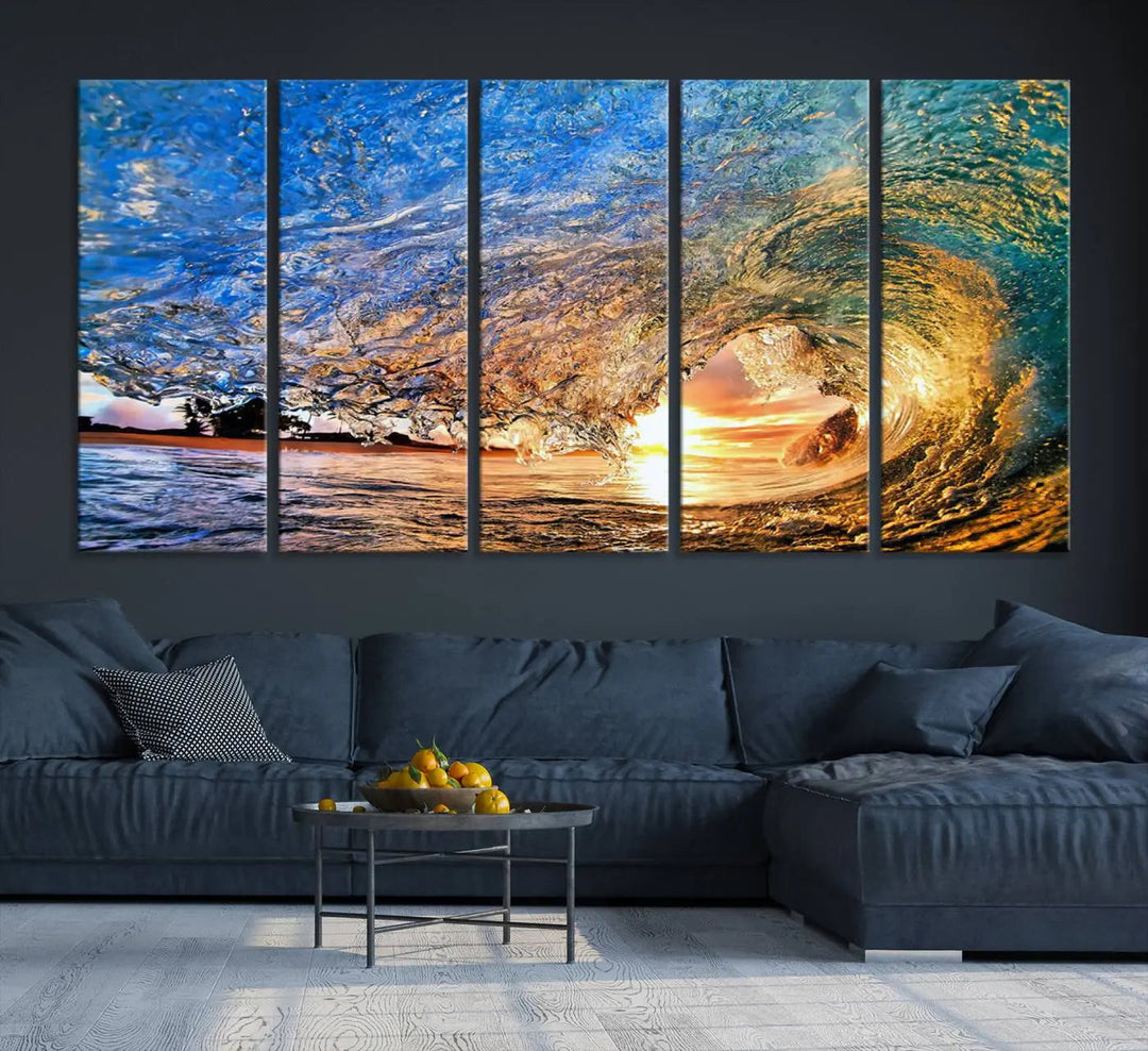 The Ocean Wave at Sunset Canvas Wall Art is a vibrant piece featuring coastal beach waves and a stunning sunset.