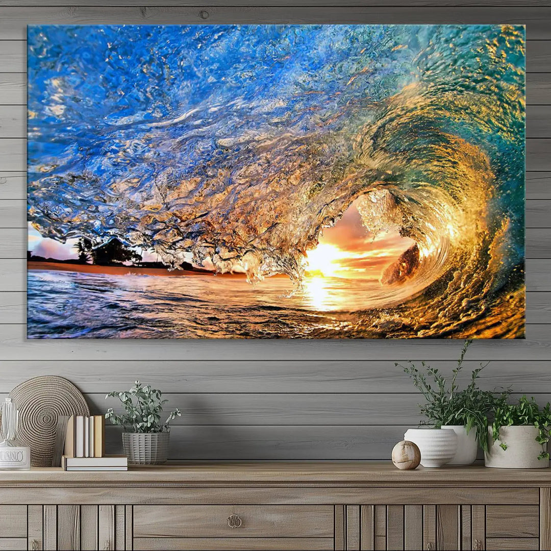 The Ocean Wave at Sunset Canvas Wall Art is a vibrant piece featuring coastal beach waves and a stunning sunset.