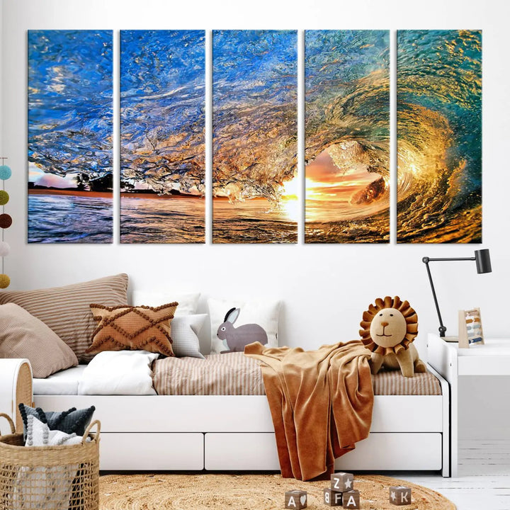 The Ocean Wave at Sunset Canvas Wall Art is a vibrant piece featuring coastal beach waves and a stunning sunset.