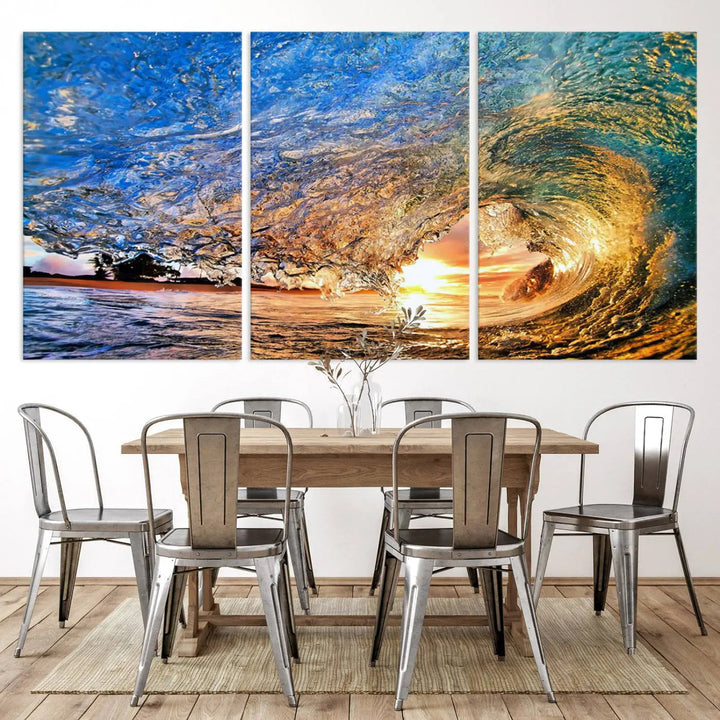 The Ocean Wave at Sunset Canvas Wall Art is a vibrant piece featuring coastal beach waves and a stunning sunset.