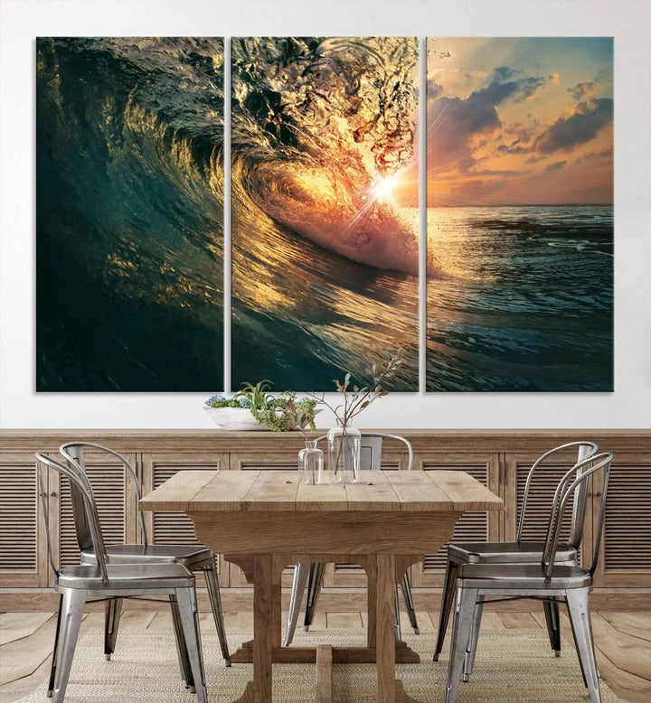 The living room is enhanced by the Ocean Wave Sunset Canvas Wall Art – Triptych Seascape Print – framed and ready to hang, with sunlight gently filtering through to enhance the coastal decor.