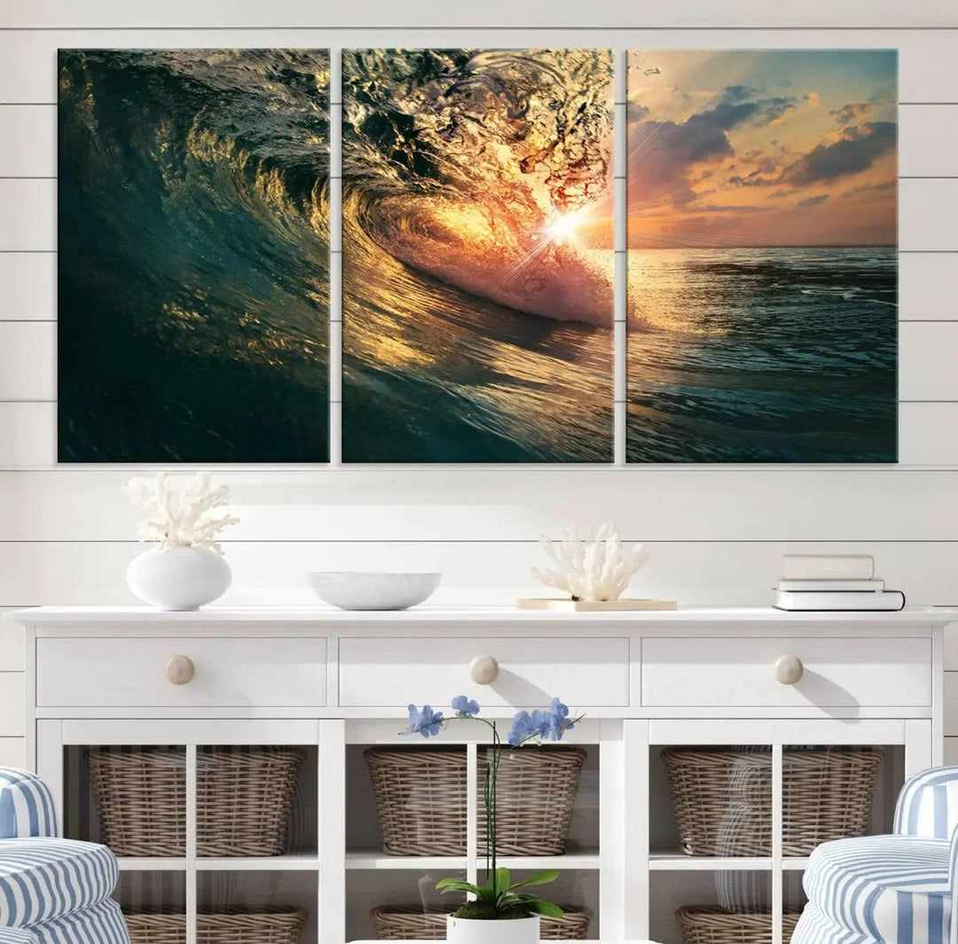 The living room is enhanced by the Ocean Wave Sunset Canvas Wall Art – Triptych Seascape Print – framed and ready to hang, with sunlight gently filtering through to enhance the coastal decor.