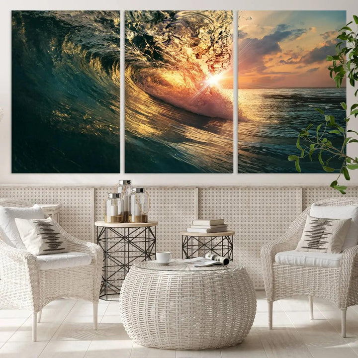 The living room is enhanced by the Ocean Wave Sunset Canvas Wall Art – Triptych Seascape Print – framed and ready to hang, with sunlight gently filtering through to enhance the coastal decor.