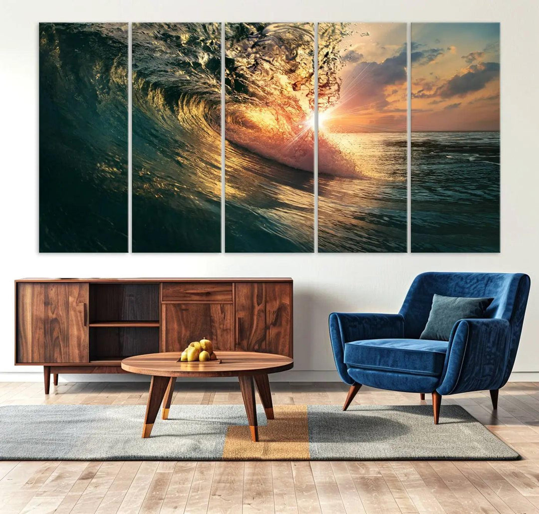 The living room is enhanced by the Ocean Wave Sunset Canvas Wall Art – Triptych Seascape Print – framed and ready to hang, with sunlight gently filtering through to enhance the coastal decor.