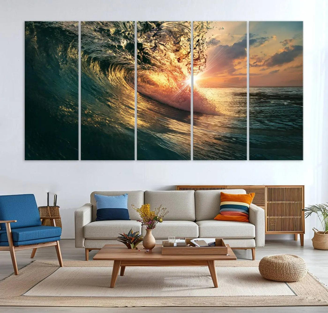 The living room is enhanced by the Ocean Wave Sunset Canvas Wall Art – Triptych Seascape Print – framed and ready to hang, with sunlight gently filtering through to enhance the coastal decor.