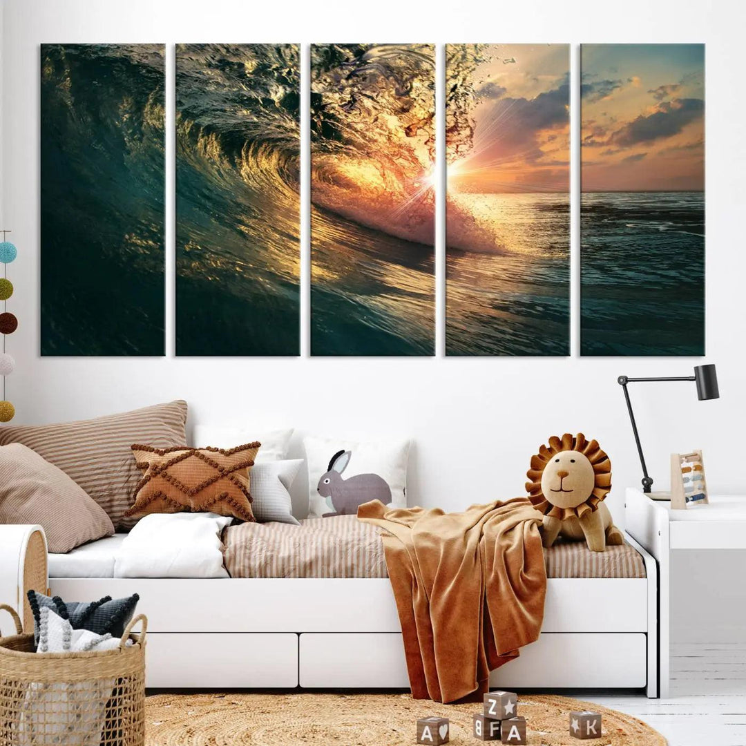 The living room is enhanced by the Ocean Wave Sunset Canvas Wall Art – Triptych Seascape Print – framed and ready to hang, with sunlight gently filtering through to enhance the coastal decor.