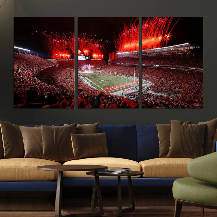 The Ohio State University Buckeyes Football Team Print showcases a vibrant Columbus Ohio Stadium, teeming with fans and illuminated by red fireworks against the night sky. Printed on premium canvas with a gallery-quality finish, this exquisite piece of wall art makes an elegant statement and enhances any space with sophistication.