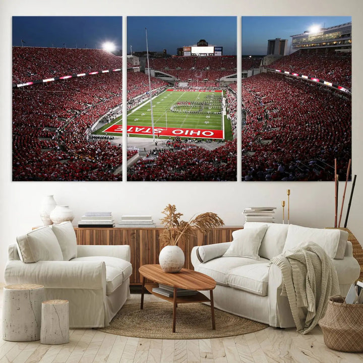 The Ohio State University Buckeyes Football Team Print, showcasing a vibrant view of the Columbus Ohio Stadium, is displayed in a modern room. Its gallery-quality finish enhances the space.