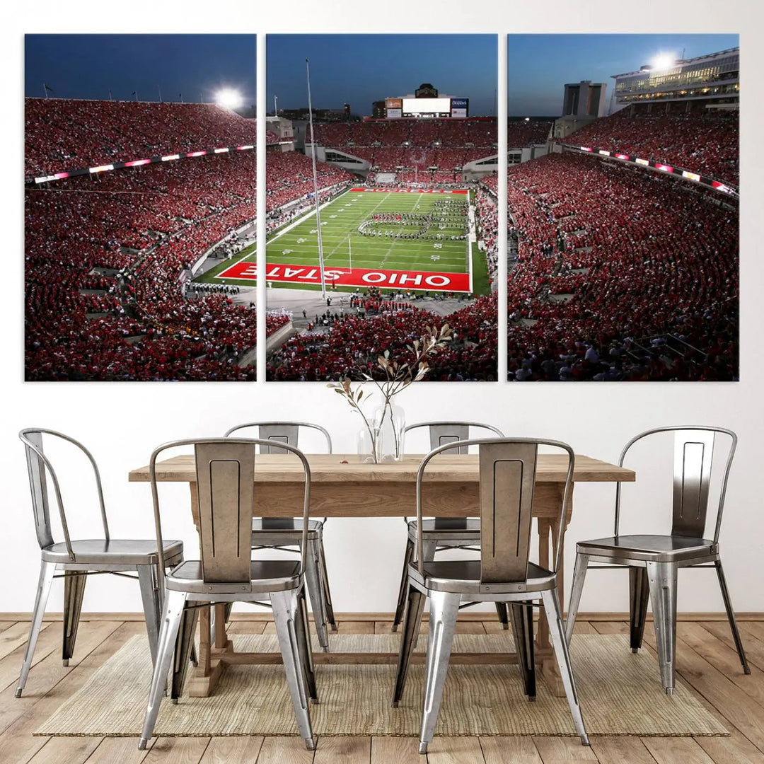 The Ohio State University Buckeyes Football Team Print, showcasing a vibrant view of the Columbus Ohio Stadium, is displayed in a modern room. Its gallery-quality finish enhances the space.