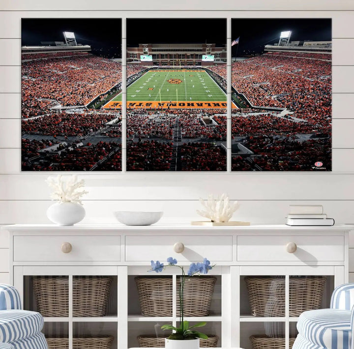 Experience the panoramic view of Boone Pickens Stadium at night, featuring a vibrant green field and fans in orange attire. This Oklahoma State Cowboys Football Team Print is expertly captured on premium canvas with a gallery-quality finish, making it the perfect handmade wall art for your space.