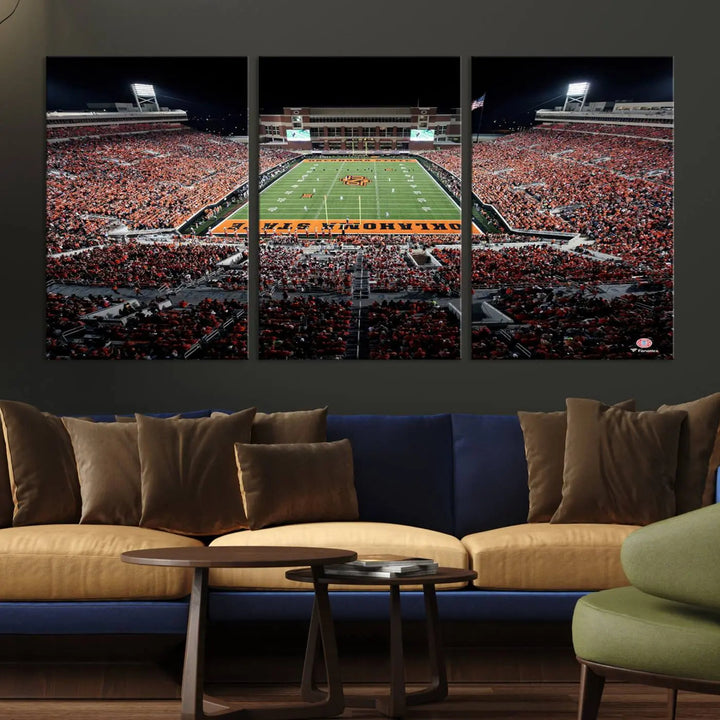 Experience the panoramic view of Boone Pickens Stadium at night, featuring a vibrant green field and fans in orange attire. This Oklahoma State Cowboys Football Team Print is expertly captured on premium canvas with a gallery-quality finish, making it the perfect handmade wall art for your space.