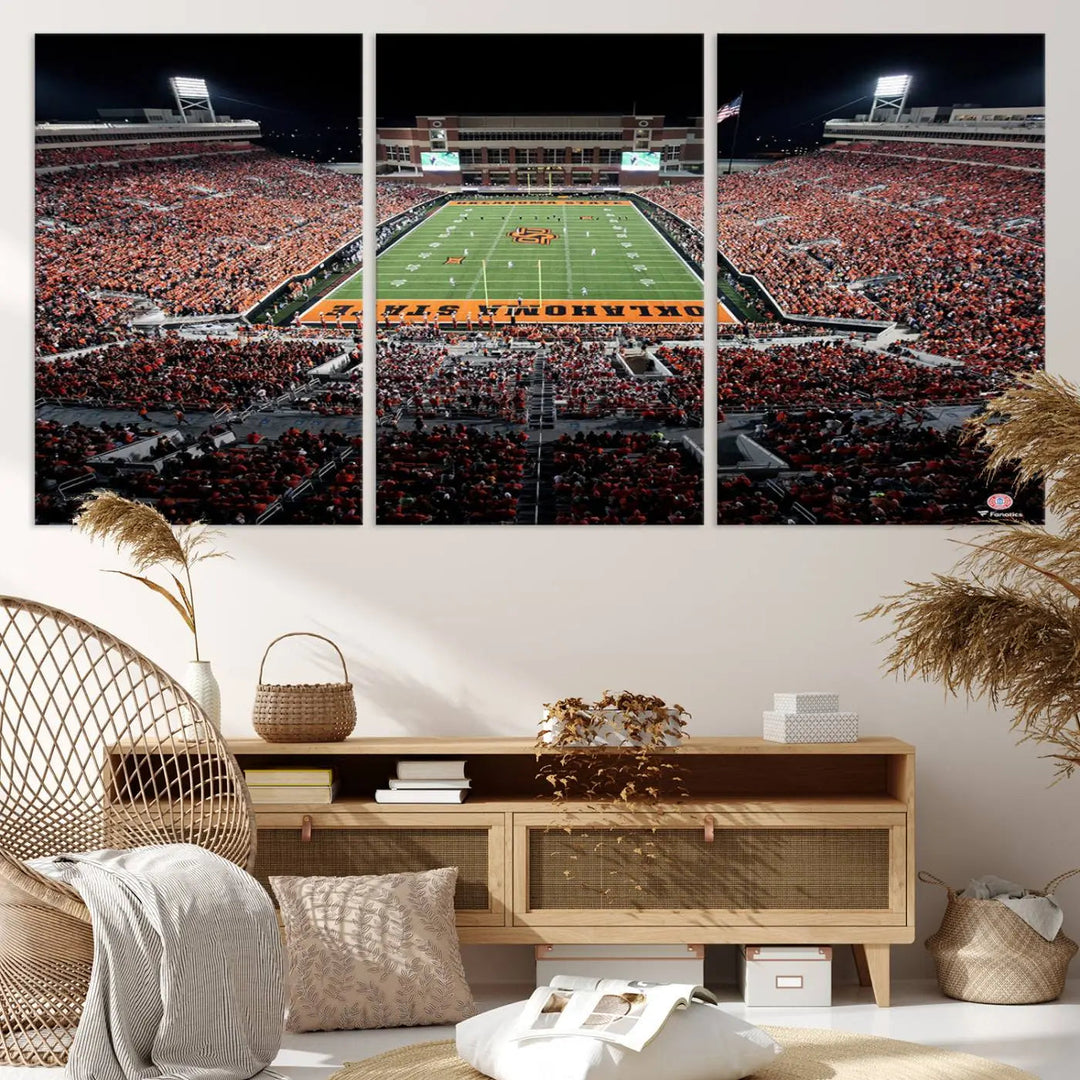 Experience the panoramic view of Boone Pickens Stadium at night, featuring a vibrant green field and fans in orange attire. This Oklahoma State Cowboys Football Team Print is expertly captured on premium canvas with a gallery-quality finish, making it the perfect handmade wall art for your space.