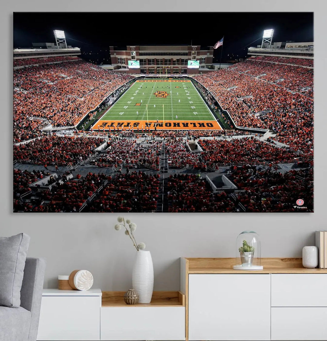 Experience the panoramic view of Boone Pickens Stadium at night, featuring a vibrant green field and fans in orange attire. This Oklahoma State Cowboys Football Team Print is expertly captured on premium canvas with a gallery-quality finish, making it the perfect handmade wall art for your space.