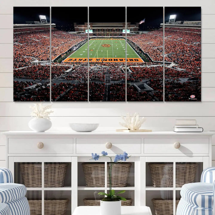 Experience the panoramic view of Boone Pickens Stadium at night, featuring a vibrant green field and fans in orange attire. This Oklahoma State Cowboys Football Team Print is expertly captured on premium canvas with a gallery-quality finish, making it the perfect handmade wall art for your space.