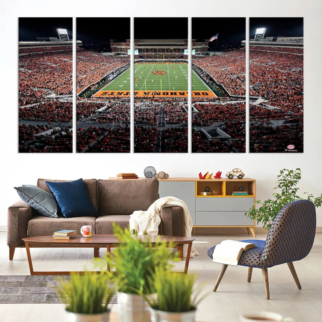 Experience the panoramic view of Boone Pickens Stadium at night, featuring a vibrant green field and fans in orange attire. This Oklahoma State Cowboys Football Team Print is expertly captured on premium canvas with a gallery-quality finish, making it the perfect handmade wall art for your space.