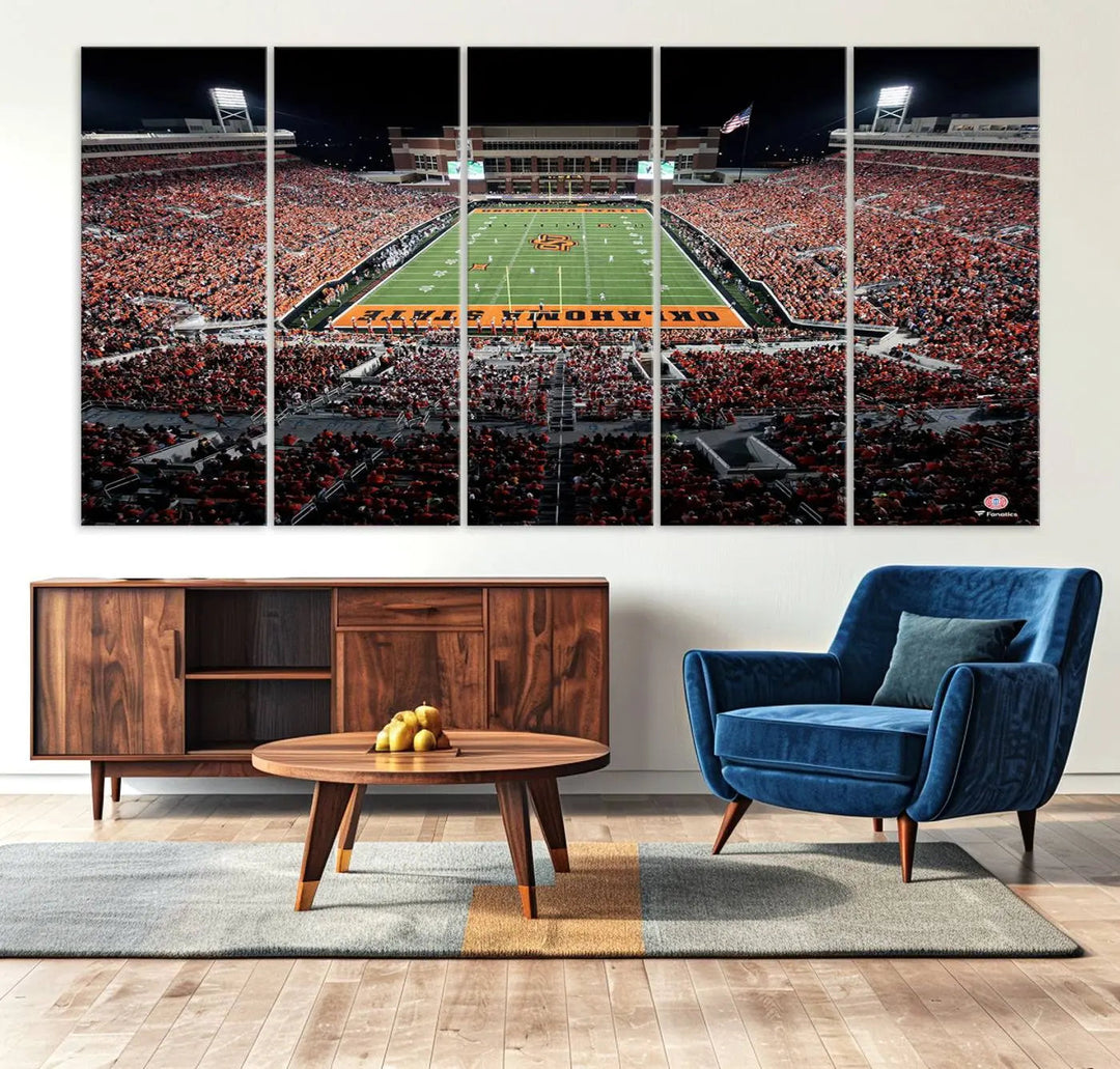 Experience the panoramic view of Boone Pickens Stadium at night, featuring a vibrant green field and fans in orange attire. This Oklahoma State Cowboys Football Team Print is expertly captured on premium canvas with a gallery-quality finish, making it the perfect handmade wall art for your space.