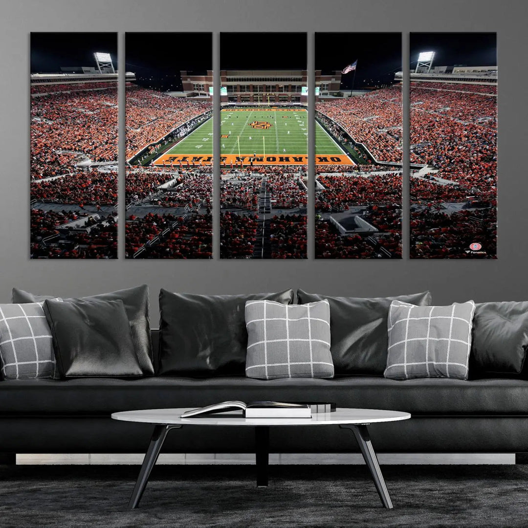 Experience the panoramic view of Boone Pickens Stadium at night, featuring a vibrant green field and fans in orange attire. This Oklahoma State Cowboys Football Team Print is expertly captured on premium canvas with a gallery-quality finish, making it the perfect handmade wall art for your space.