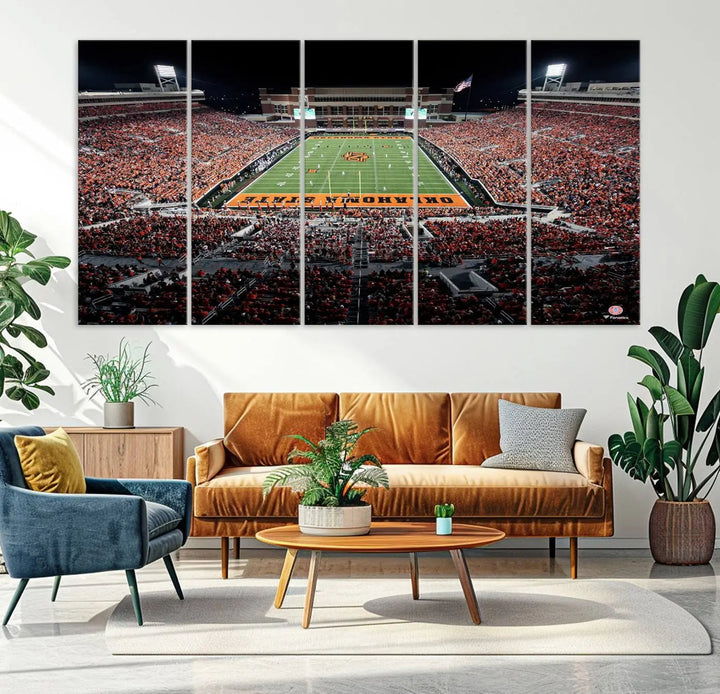 Experience the panoramic view of Boone Pickens Stadium at night, featuring a vibrant green field and fans in orange attire. This Oklahoma State Cowboys Football Team Print is expertly captured on premium canvas with a gallery-quality finish, making it the perfect handmade wall art for your space.